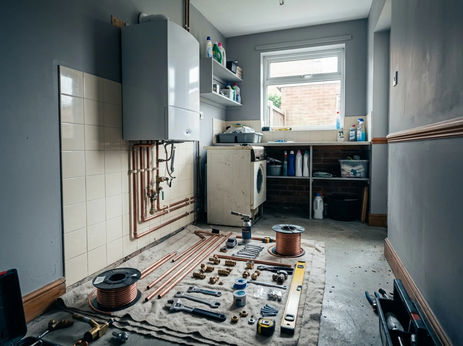 A new wall-hung combi boiler mid-installation with copper pipework and fittings laid out ready to fit