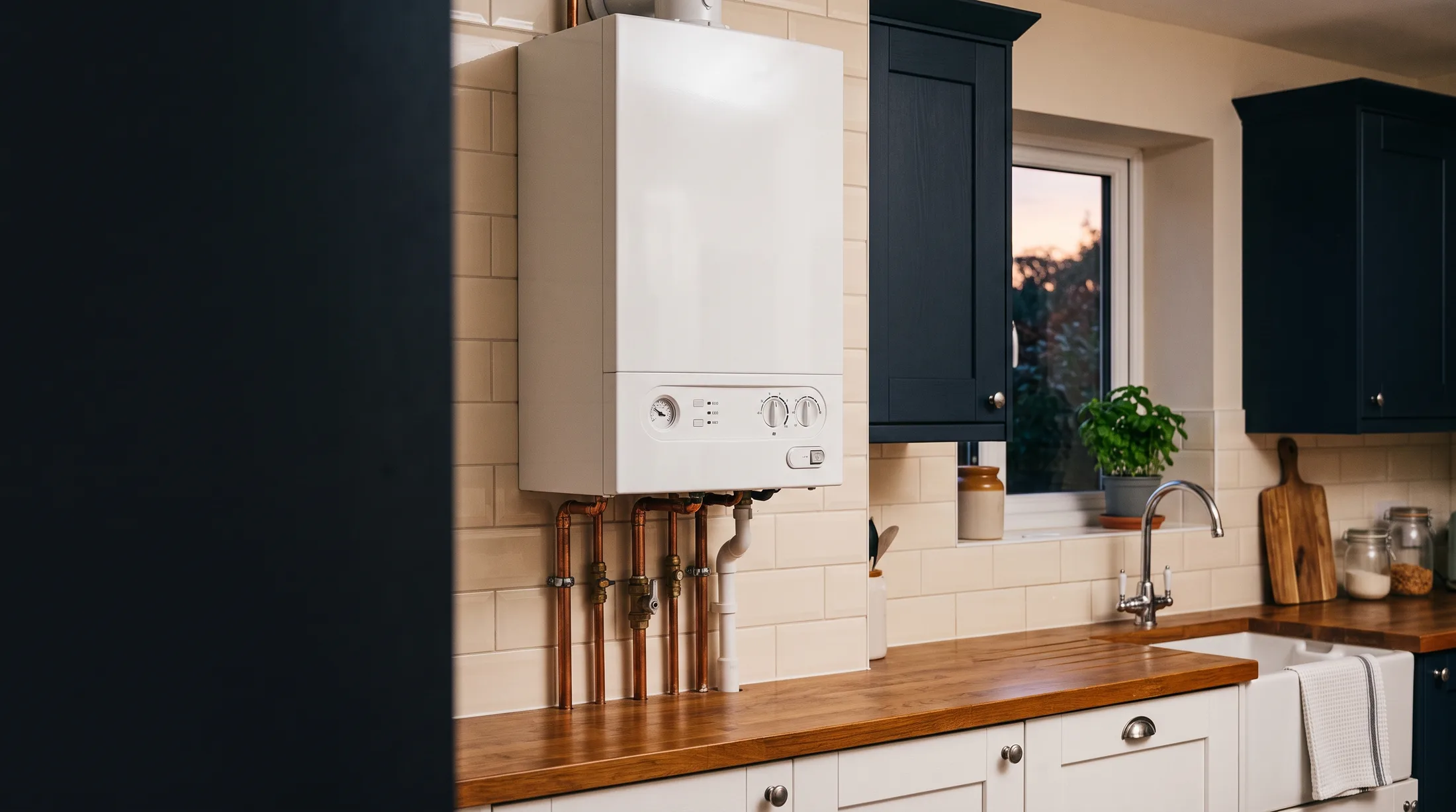 A modern wall-hung combi boiler installed in a UK home, with copper pipework visible against tiled splashback, representing South Tyneside Plumbing and Heating's boiler installation and repair work
