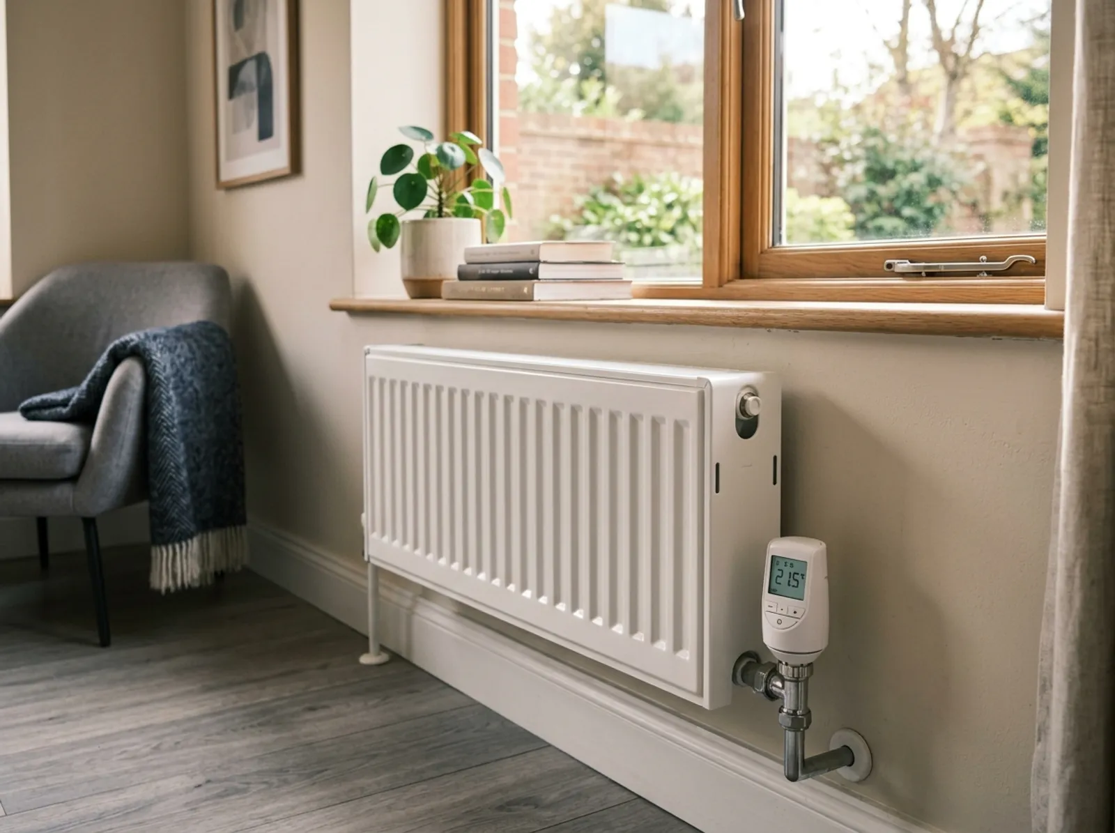 A modern central heating radiator with a digital thermostatic valve in a warm UK living room