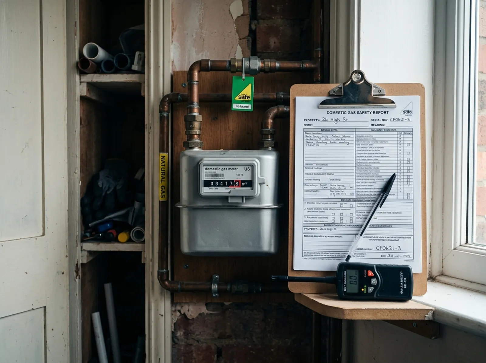 A domestic gas meter and gas safety inspection clipboard during a landlord gas safety check